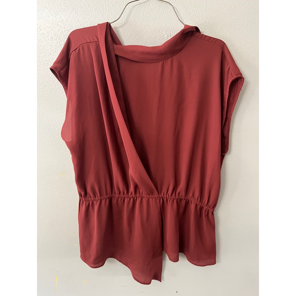 WORTHINGTON Peplum Blouse Draped Back Women L Red Rust Mock Neck Sleeveless